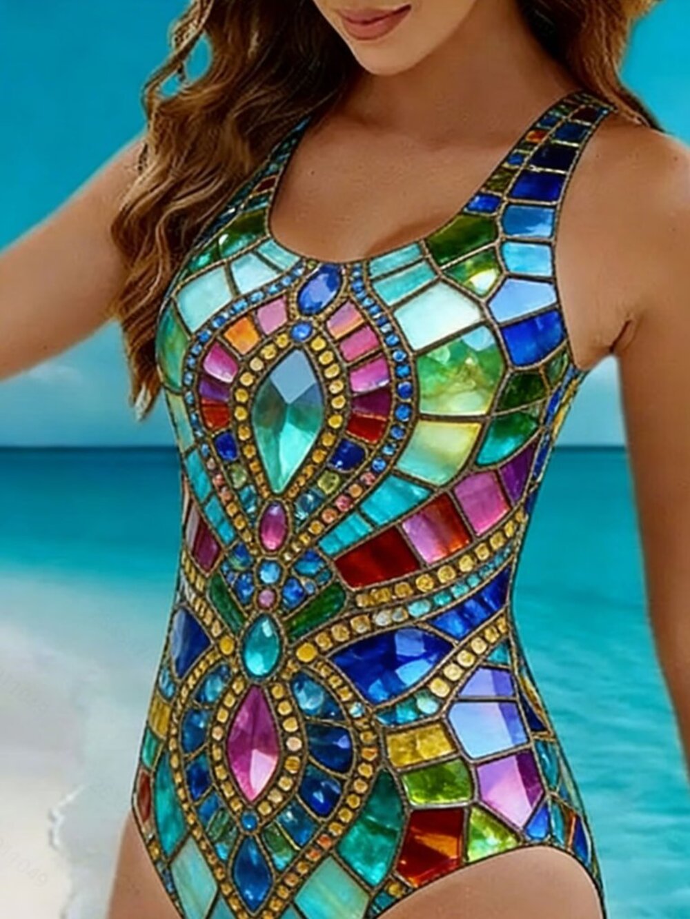 Stained Glass Print One Piece Swimwear Shorts Bathing Suit 2XL - NEW
